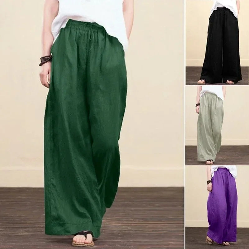 Women Wide Leg Pants Solid Loose Length Pants Cotton Linen Elastic Waist Casual Pants Vintage Mid Waist Pants 5XL