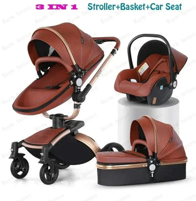 3-in-1 Luxury High-view Baby Stroller with Car Seat Foldable Newborn Baby Stroller PU Leather Two-way Baby Stroller