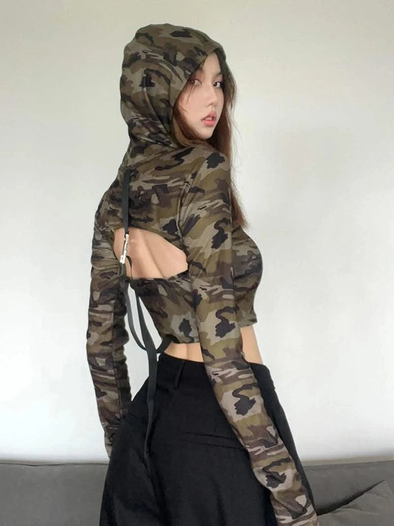 American Camo Streetwear Tops Women Back Hollow Out