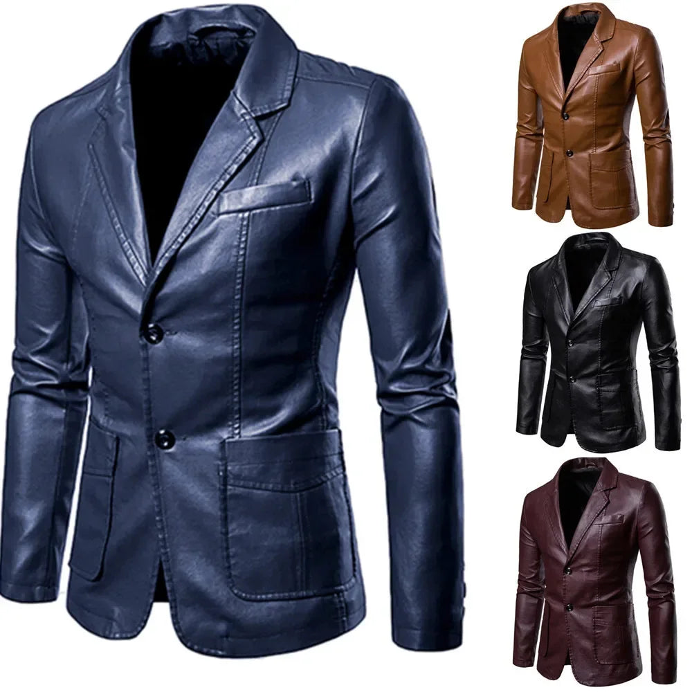 Blazer Man 2025 Men's PU Leather Jackets for Men Autumn Jacket Button Turn Down Collar Business Coat Biker Motocycle Jacket