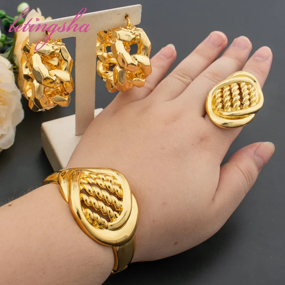 Fashion Jewelry Set for Women Large Hoop Earrings and Bangle Ring Weddings Bride Trendy Bracelet and Earrings Jewelry Set