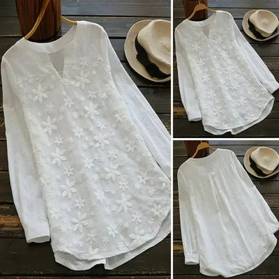 Embroidery Lace Linen Women's Plus Size V Neck Tops