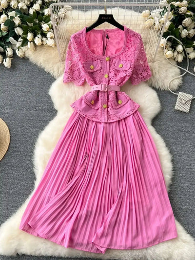 Designer 2025 Summer Pleated Chiffon Lace Long Dress Women Flower Embroidery Gold Button Belt Evening Party Dresses Wedding Robe