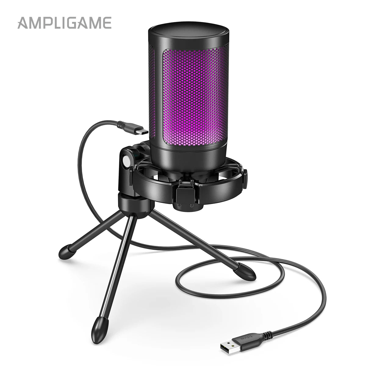 AmpliGame USB Gaming Microphone with Quick Mute,RGB Condenser Mic with Tripod for PC,PS5,Laptop Streaming Podcasting -A2W White