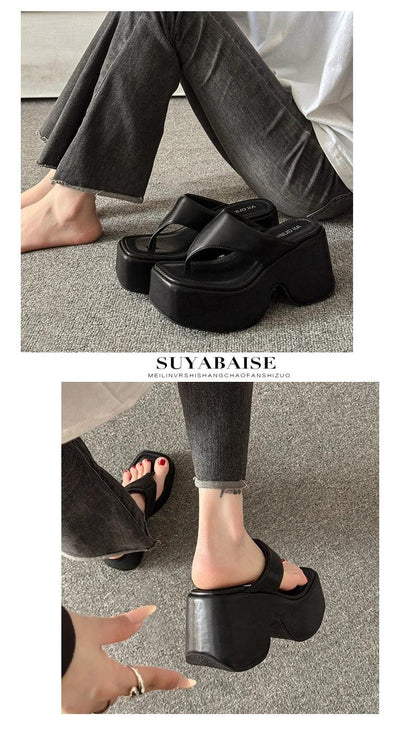 Women's Summer Outdoor Platform Sandals Flip Flops High Heel Thi Bot Clog oes Heightening Slippers Korean Sle PU Mat...