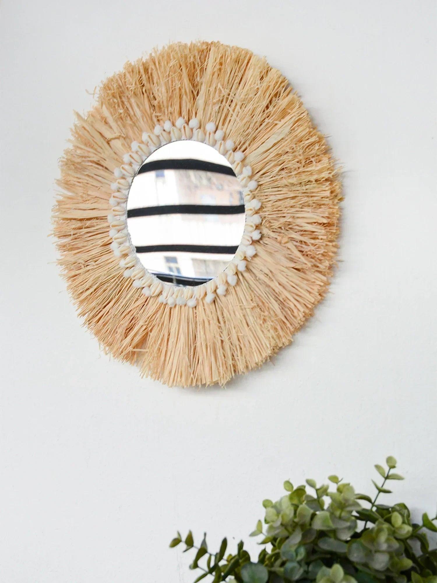 Boho home furnishing forest raffia decorative wall mirrors woven shell small yarn balltapestry living room decor mirror