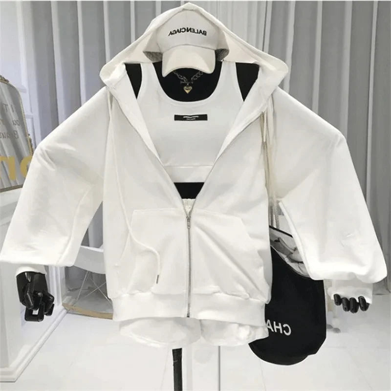 Shorts Three 3 Piece Sets Women Casual Vest Drawstring Short Hooded Zipper Jacket Sportswear Suits Y2k Streetwear Sports Hoodies