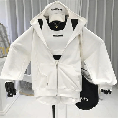 Shorts Three 3 Piece Sets Women Casual Vest Drawstring Short Hooded Zipper Jacket Sportswear Suits Y2k Streetwear Sports Hoodies