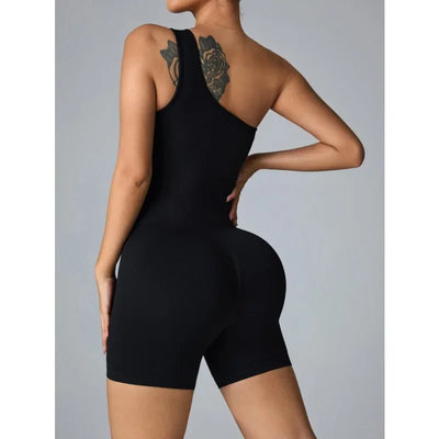 Women One Shoulder Sexy Jumpsuits Seamless Slim Short Bodysuit High Elastic Fitness Sport Yoga Clothes Black Knit Jumpsuit Woman