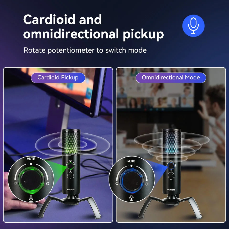 Retekess USB Dynamic Microphone TG101 Headphone Jack Mute Button RGB Gain Control Gaming MIC For PC PS5/4 Recording Streaming