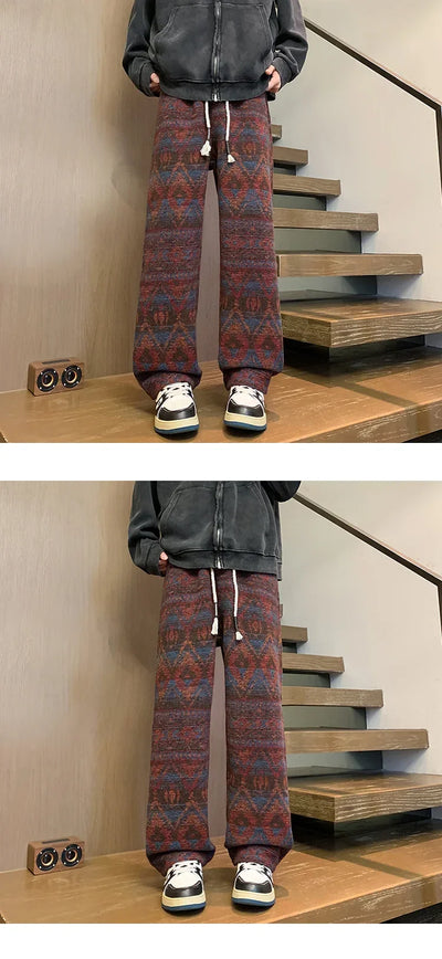 Wide leg pants Men's Vintage Geometric Knitted jacquard pants Casual Straight  Pants Ethnic Tribal Style Winter Trousers man