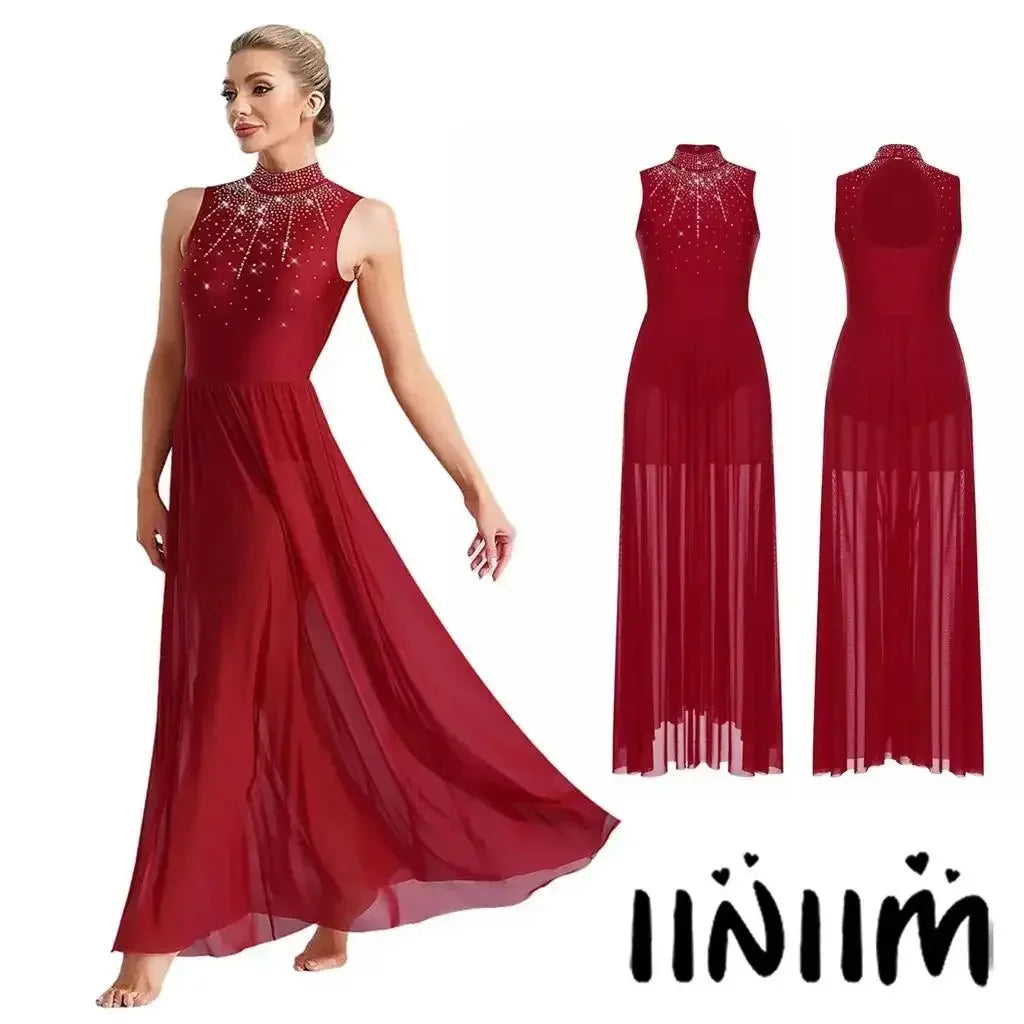 Women Lyrical Contemporary Ballroom Modern Dance Costume Dancing Prom Gown Side Split Maxi Dress for Ballet Gymnastics Skating