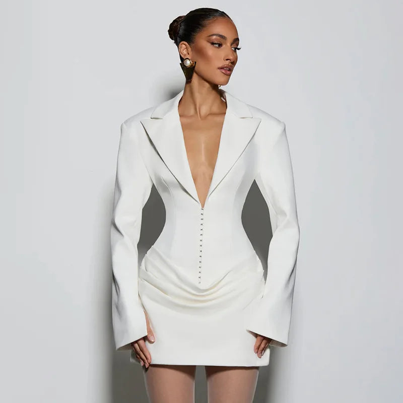 Women Elegant Blazer Mini Dress Sexy Single Breasted Notched Deep V Neck Full Sleeve Ruched Bodycon Party Outfits Office Lady