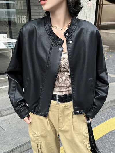 Women Blue Biker Pu Jackets Retro Streetwear Long Sleeve Moto Short Coats Casual O Neck Korean Fall Winter Pockets Outwear New
