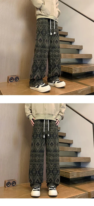 Wide leg pants Men's Vintage Geometric Knitted jacquard pants Casual Straight  Pants Ethnic Tribal Style Winter Trousers man