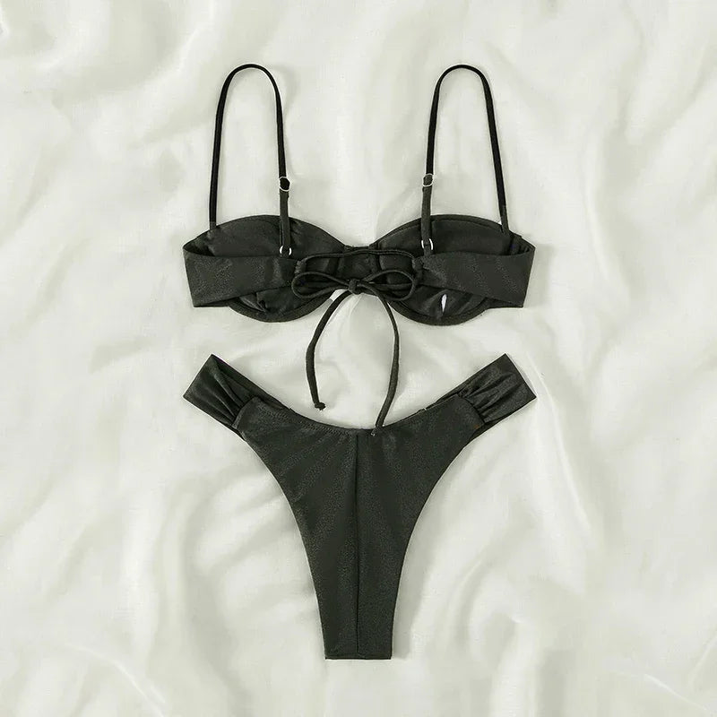 2023 New Swimwear Women Bikini Sets New Sexy Bikini Set Solid Color Sling Pleated Split Swimsuit Women 2 Pieces Micro Bikini Swi