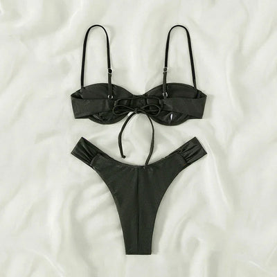 2023 New Swimwear Women Bikini Sets New Sexy Bikini Set Solid Color Sling Pleated Split Swimsuit Women 2 Pieces Micro Bikini Swi