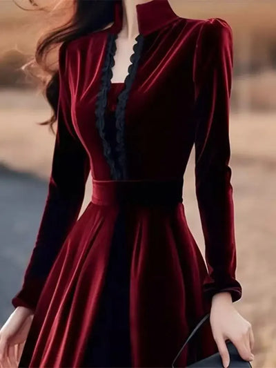 High Quality Red Velvet Dresses Women French Style Vintage Evening Party Vestidos Mujer Autumn Winter Elegant A-line Long Dress