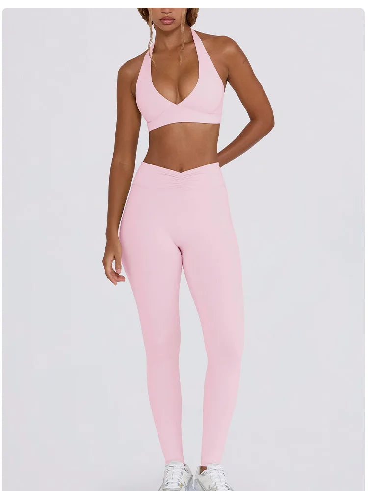 Women's Yoga Suits Quick Drying Leggings Gym Shorts Nude Hanging Neck Bra Running Gym Exercise Sets