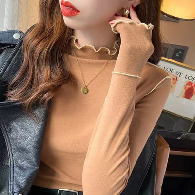 Double-Sided Cashmere Base Layer Women's Warm Half-High Collar Ruffle Long Sleeve T-Shirt Top