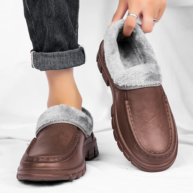 Men Warm Slippers Fashion Outdoor Slip-On Waterproof Cotton Plush Indoor Home Shoes Non-Slip Thick Platform Slides