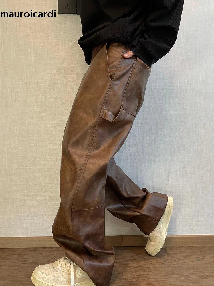 Mauroicardi Autumn Long Retro Cool Baggy Distressed Washed Brown Soft Pu Leather Wide Leg Pants for Men Luxury Designer Clothes