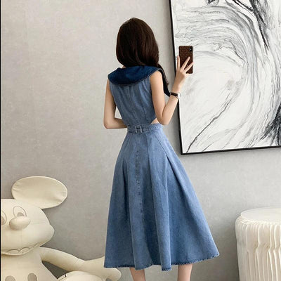 Designer Denim Dress Women Long Dresses Single Breasted Big Turn-down Collar Waist Slimming Temperament Split A-Line Vestidos