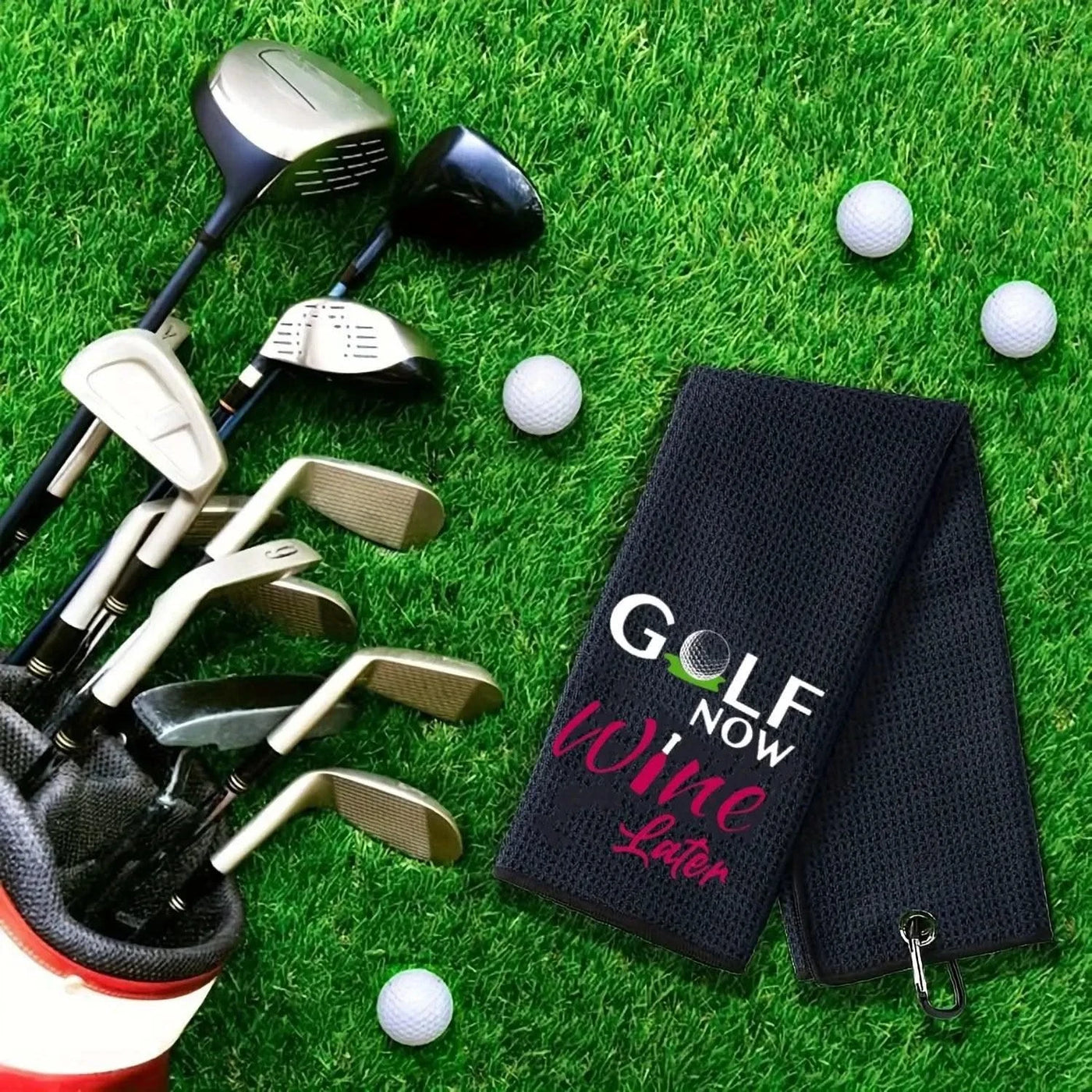 Golf Now Wine Later Golf Towel - Golf Accessories for Women -  Embroidered Golf Towel for Men & Women