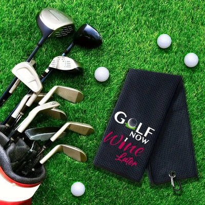 Golf Now Wine Later Golf Towel - Golf Accessories for Women -  Embroidered Golf Towel for Men & Women