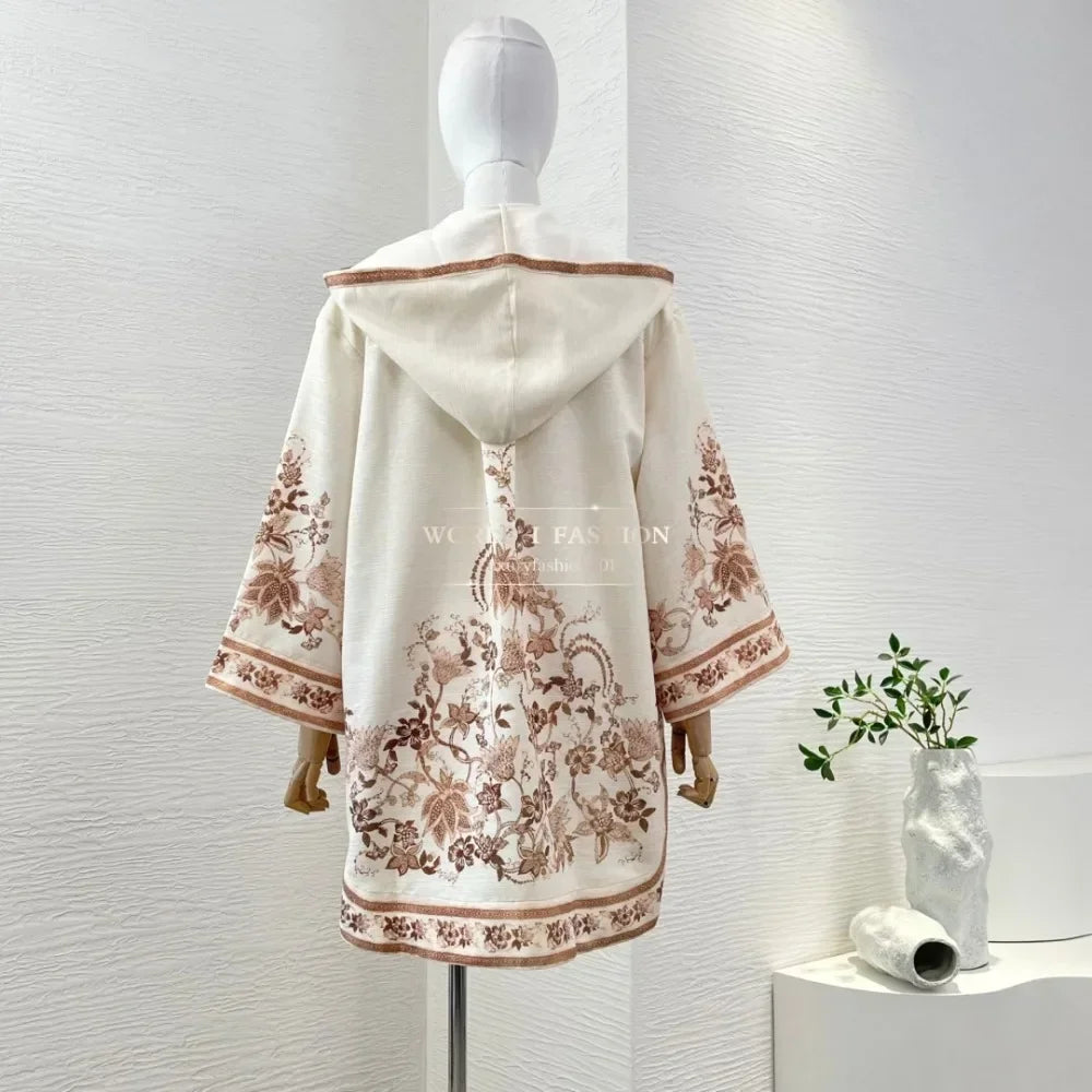 White Cream Color Brown Floral Print Long Sleeve Hooded Blouse and Pants 2025