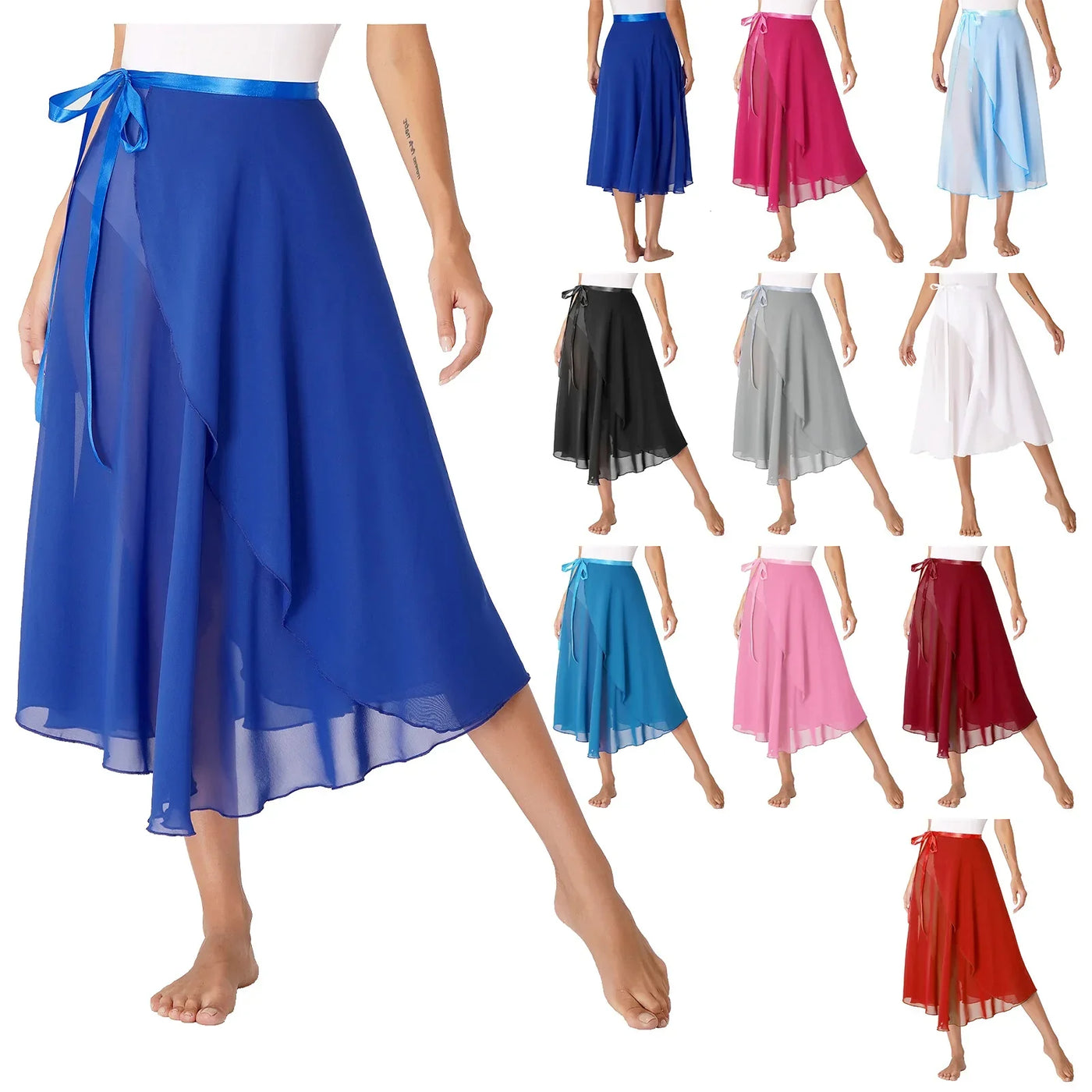 Womens Chiffon Lace-Up Flowy Skirt Ballet Modern Dance Training Costume Summer Solid Color High Waist Boho Midi Skirts Elegant