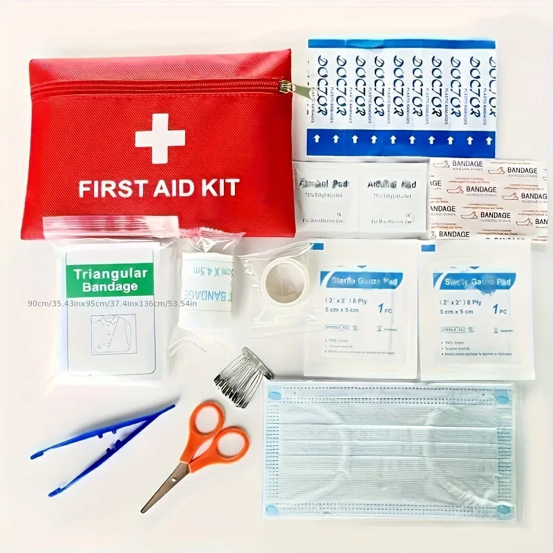 12 emergency first aid kits, including scissors, bandages, tape, and tweezers - compact red travel and car survival bag