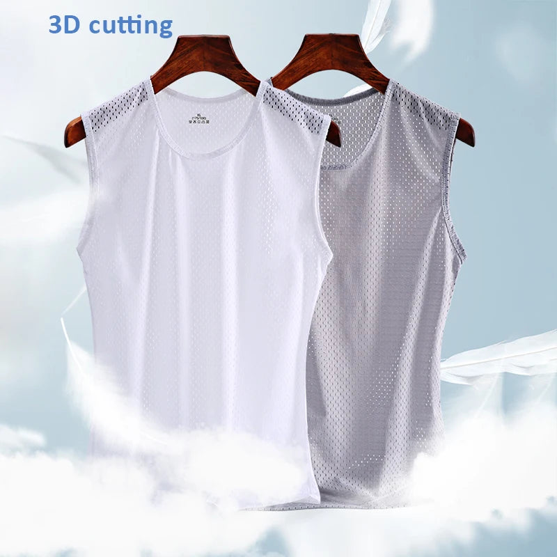 Men's Tank Top Gym Clothing Men Ice Silk Undershirt T-shirt Mesh Bodybuilding Vest Sports Fitness Sleeveless Breathable Tops 5XL