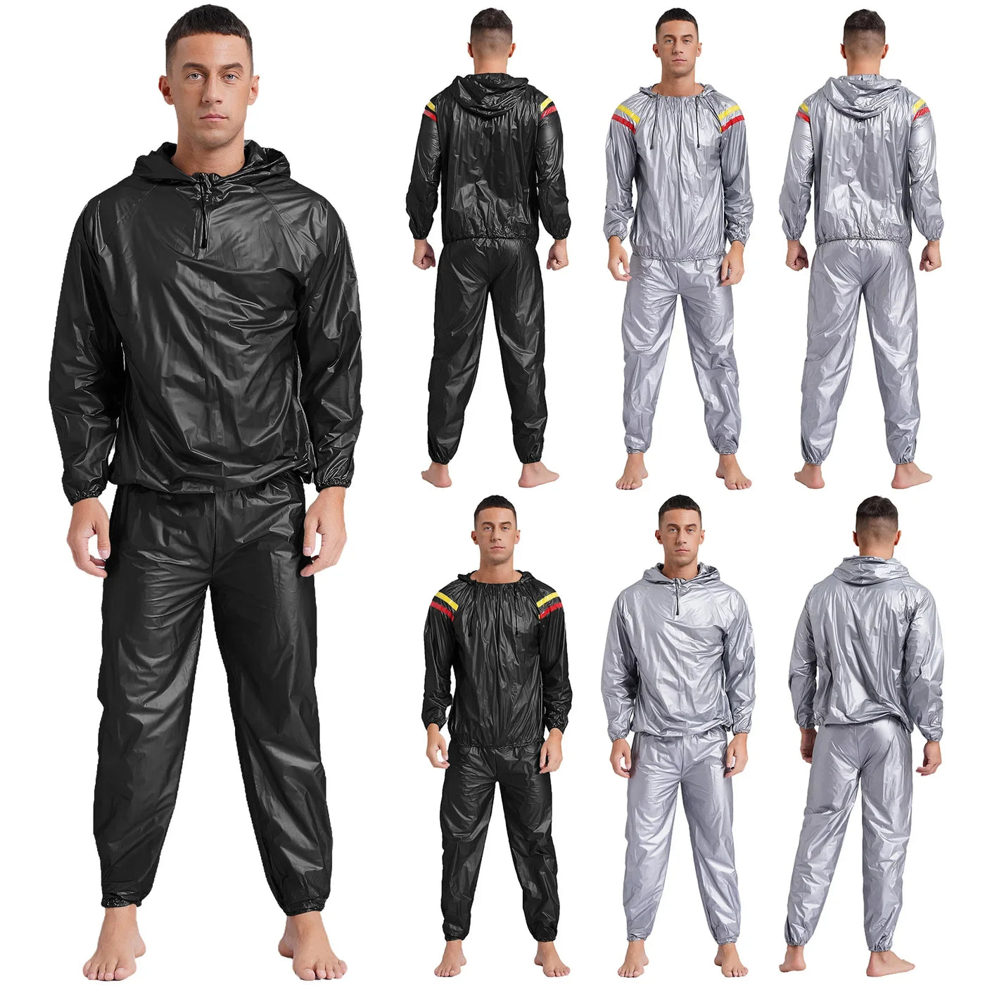Mens Sauna Sweat Outfit Long Sleeve Hooded Jacket Outerwear and Elastic Waist Long Pants PVC Sweating Suit for Gym Workout