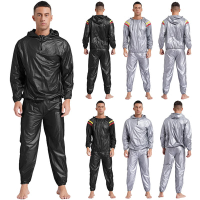 Mens Sauna Sweat Outfit Long Sleeve Hooded Jacket Outerwear and Elastic Waist Long Pants PVC Sweating Suit for Gym Workout