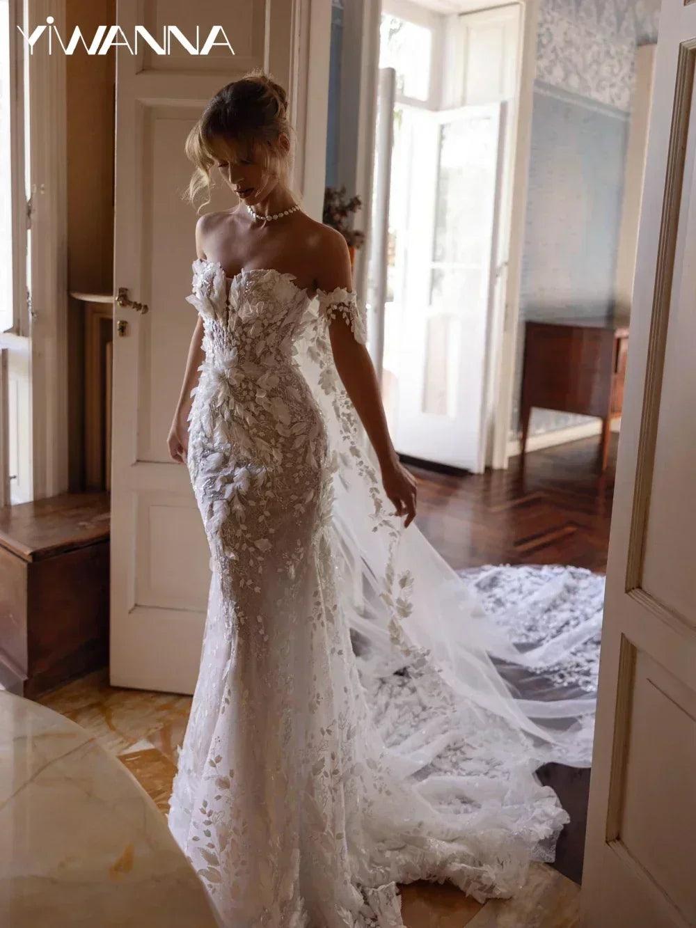 Shiny 3d flower wedding dress with train mermaid long bridal gown