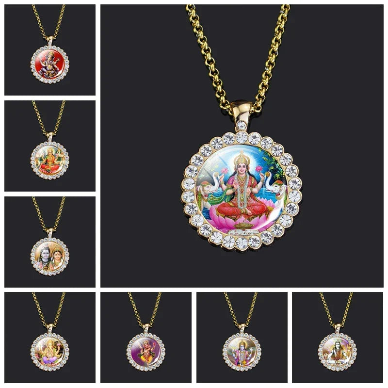 Shiva Parvati Necklace Hindu God Jewelry Vishnu Lakshmi Glass Rhinestone Pendant Chain Necklace Hinduism Jewelry