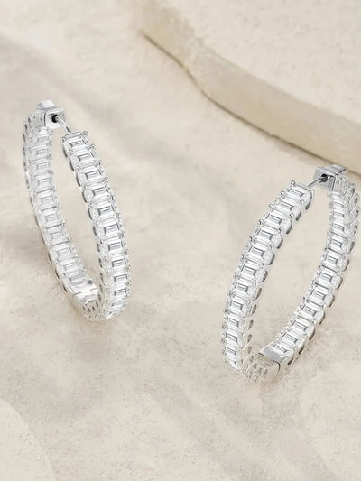 JIUZUAN S925 Sterling Silver Baguette Moissanite Hoop Earrings for Women Full Stone Geometric Design Elegant Jewelry Daily Wear