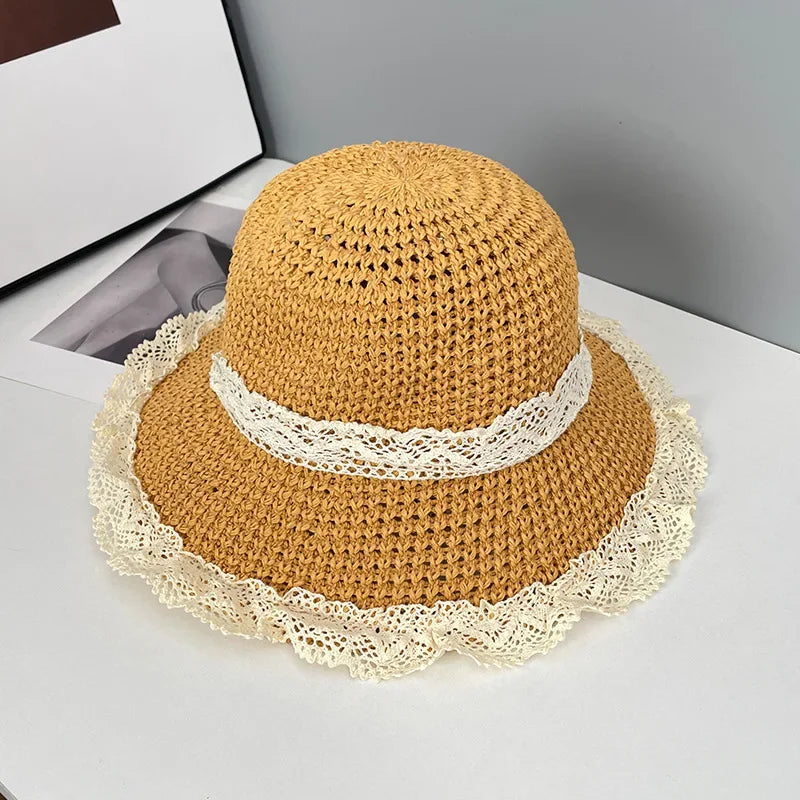 Sunscreen Hat for Women Summer Outdoor Sun Hat Large Brim French Lace Straw Hat Woven Vacation Beach Hat