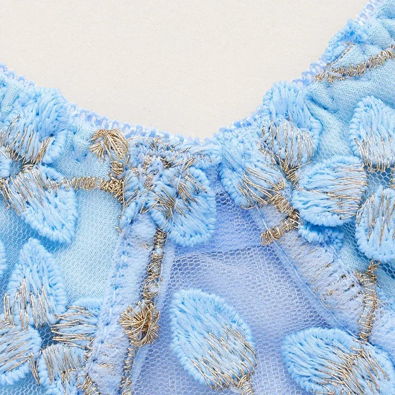 Women Blue Camisole Vest Embroidery Flower Slim Fit Corset