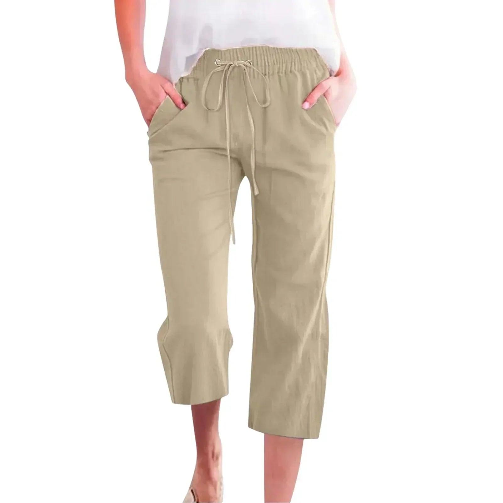Women’s pants cotton linen harem cropped women drawstring lady pocket trousers loose ropa mujer juvenil