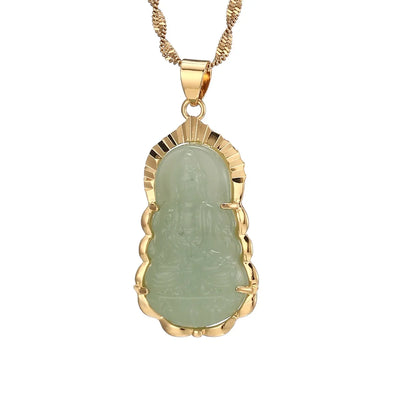 Green Jade Guanyin Pendant Necklace Chinese Buddha Buddhist Charm Maitreya Amulet Hinduism Jewelry