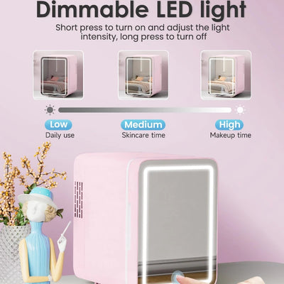 Skincare Fridge with Dimmable LED Light Mirror, 4L Makeup Mini Fridge for Bedroom, Car