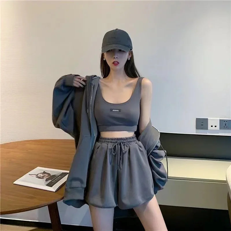 Casual Shorts Three 3 Piece Sets Women Vest Drawstring Shorts Hooded Zipper Jacket Sportswear Suits Female Solid Sports Hoodie