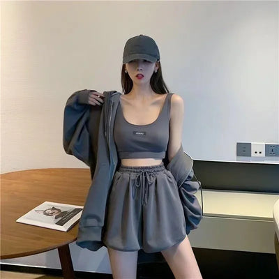 Casual Shorts Three 3 Piece Sets Women Vest Drawstring Shorts Hooded Zipper Jacket Sportswear Suits Female Solid Sports Hoodie