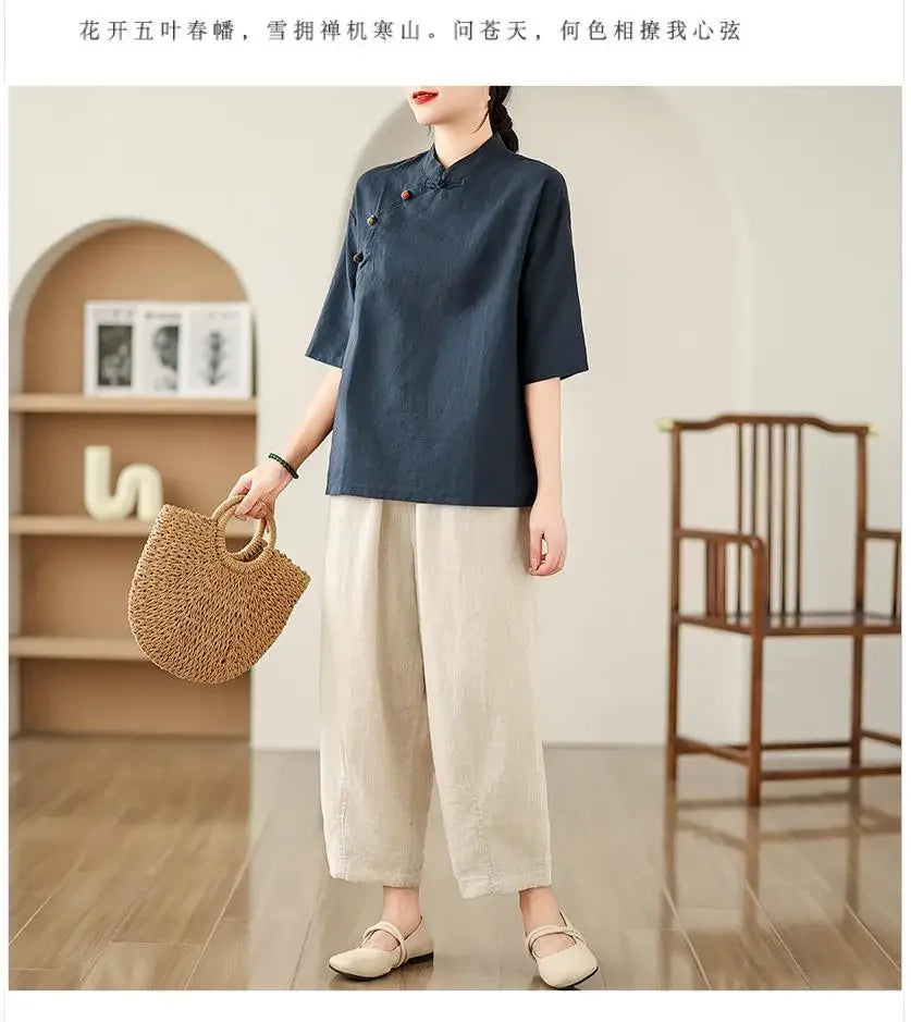 Women's Retro Linen Short-Sleeved Top