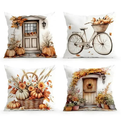 Home Decor Autumn Scenes: Door, Bicycle, Basket Decor Pattern Cushion Cover Suitable for Sofa Bedroom Car Pillow Cover