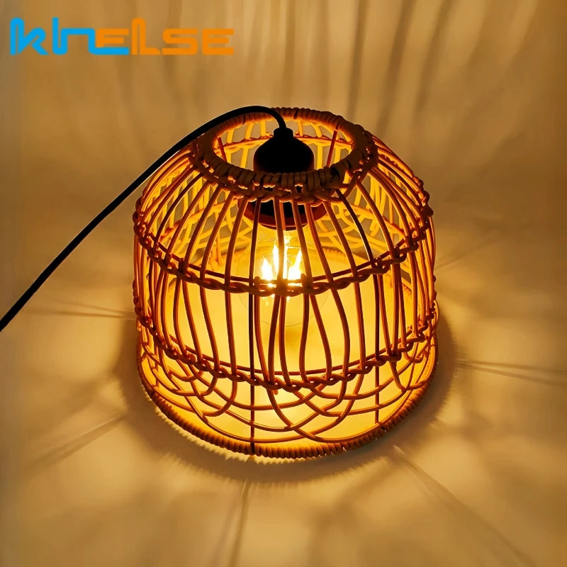 Woven Lantern LED  Hanging Light Lampshade Simulated Rattan Ceiling Pendant Lamp Shade Bedroom Dining Room Chandelier Lamp Cover