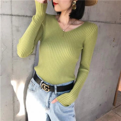 Autumn Women Sweaters Casual Long Sleeve Knitted V Neck Pullover Sweater Winter Femme Solid Jersey Tops Fashion Clothes