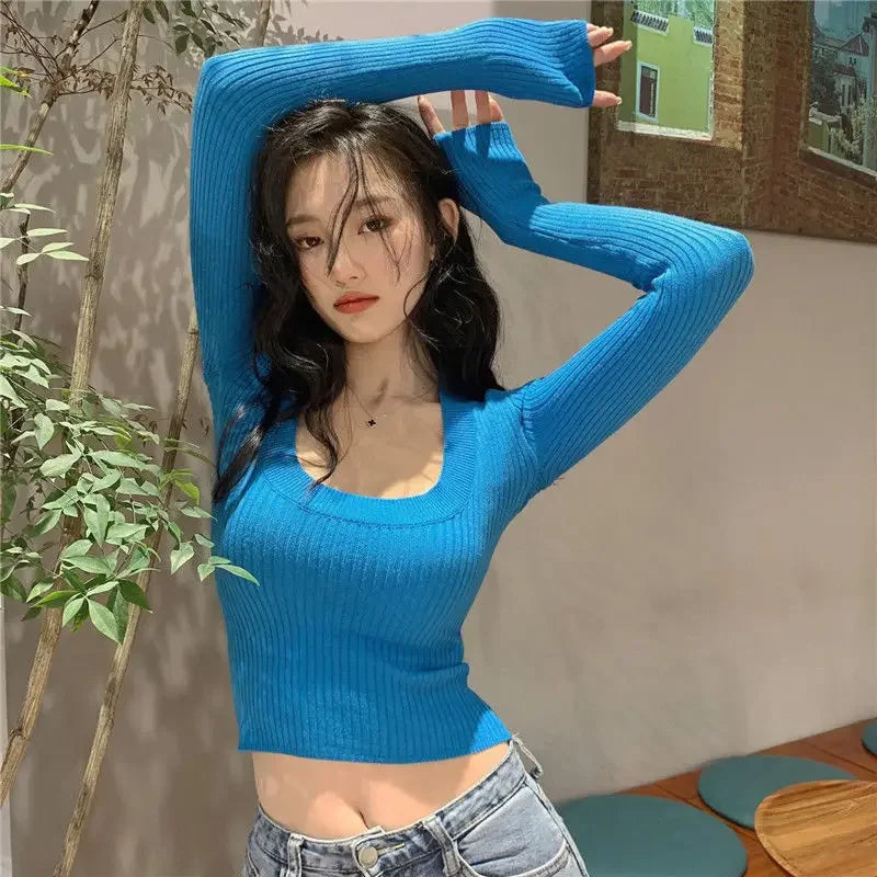 Woman Sweaters Slim-Fit U Collar Sweater Women's Spring Autumn Short Elastic Long-Sleeved Sweater Top